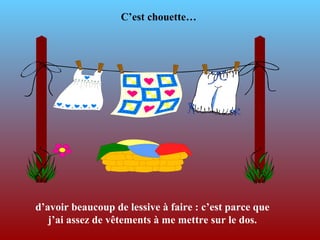 C’est chouette …  d’avoir beaucoup de lessive à faire : c’est parce que j’ai assez de vêtements à me mettre sur le dos . 