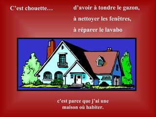 d’avoir à tondre le gazon, à nettoyer les fenêtres, à réparer le lavabo  c’est parce que j’ai une maison où habiter. C’est chouette …  