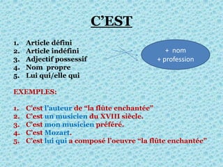 C’EST
1. Article défini
2. Article indéfini
3. Adjectif possessif
4. Nom propre
5. Lui qui/elle qui
EXEMPLES:
1. C’est l’auteur de “la flûte enchantée”
2. C’est un musicien du XVIII siècle.
3. C’est mon musicien préféré.
4. C’est Mozart.
5. C’est lui qui a composé l’oeuvre “la flûte enchantée”
+ nom
+ profession
 