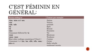Nouns ending in: Comme par exemple:
-tion, -sion and -son
-ure
-ude, -ade
-ée
-té
-ière
Consonant followed by -ie
-euse
-ance, -ence
Most other endings consisting of Vowel +
Consonant + e: -ine, -ise, -alle, -elle, -esse, -
ette etc
Nation
Voiture
croisade
Épée
Beauté
Frontière
Vie
Menteuse
Tendance
Cuisine
Cerise
Salle/ échelle
tendresse/ recette
 