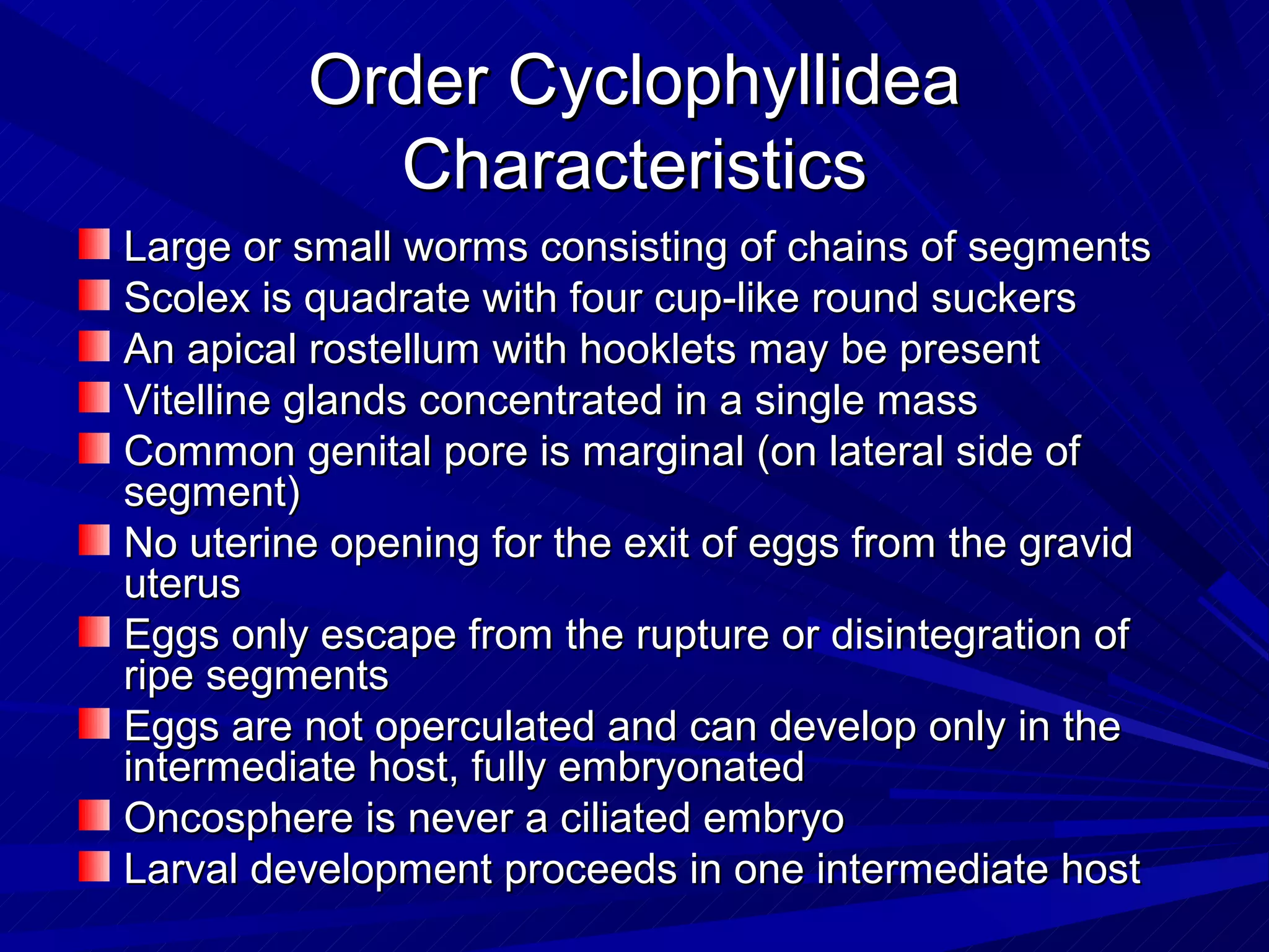 Order Cyclophyllidea
           Characteristics
Large or small worms consisting of chains of segments
Scolex is quadrate with four cup-like round suckers
An apical rostellum with hooklets may be present
Vitelline glands concentrated in a single mass
Common genital pore is marginal (on lateral side of
segment)
No uterine opening for the exit of eggs from the gravid
uterus
Eggs only escape from the rupture or disintegration of
ripe segments
Eggs are not operculated and can develop only in the
intermediate host, fully embryonated
Oncosphere is never a ciliated embryo
Larval development proceeds in one intermediate host
 