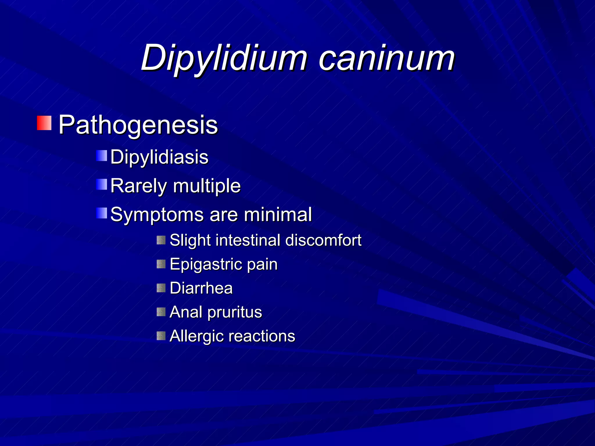 Dipylidium caninum
Pathogenesis
   Dipylidiasis
   Rarely multiple
   Symptoms are minimal
        Slight intestinal discomfort
        Epigastric pain
        Diarrhea
        Anal pruritus
        Allergic reactions
 