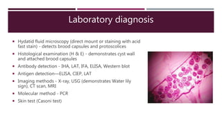 Laboratory diagnosis
 Hydatid fluid microscopy (direct mount or staining with acid
fast stain) - detects brood capsules and protoscolices
 Histological examination (H & E) - demonstrates cyst wall
and attached brood capsules
 Antibody detection - IHA, LAT, IFA, ELISA, Western blot
 Antigen detection—ELISA, CIEP, LAT
 Imaging methods - X-ray, USG (demonstrates Water lily
sign), CT scan, MRI
 Molecular method - PCR
 Skin test (Casoni test)
 