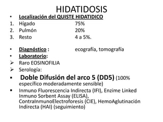 HIDATIDOSIS
• Localización del QUISTE HIDATIDICO
1. Hígado 75%
2. Pulmón 20%
3. Resto 4 a 5%.
• Diagnóstico : ecografía, tomografía
• Laboratorio:
 Raro EOSINOFILIA
 Serología:
 Doble Difusión del arco 5 (DD5) (100%
específico moderadamente sensible)
 Inmuno Fluorescencia Indirecta (IFI), Enzime Linked
Inmuno Sorbent Assay (ELISA),
ContraInmunoElectroforesis (CIE), HemoAglutinación
Indirecta (HAI) (seguimiento)
 