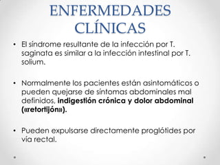ENFERMEDADES
             CLÍNICAS
• El síndrome resultante de la infección por T.
  saginata es similar a la infección intestinal por T.
  solium.

• Normalmente los pacientes están asintomáticos o
  pueden quejarse de síntomas abdominales mal
  definidos, indigestión crónica y dolor abdominal
  («retortijón»).

• Pueden expulsarse directamente proglótides por
  vía rectal.
 