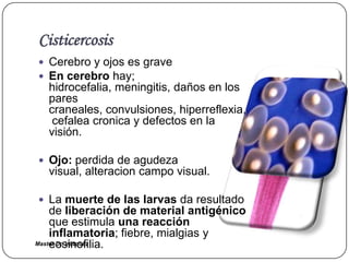 Cisticercosis
 Cerebro y ojos es grave
 En cerebro hay;
  hidrocefalia, meningitis, daños en los
  pares
  craneales, convulsiones, hiperreflexia,
   cefalea cronica y defectos en la
  visión.

 Ojo: perdida de agudeza
  visual, alteracion campo visual.

 La muerte de las larvas da resultado
    de liberación de material antigénico
    que estimula una reacción
    inflamatoria; fiebre, mialgias y
    eosinofilia.
Master Dr. Vàsquez
 