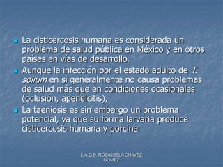L.A.Q.B. ROSA ISELA CHAVEZ
GOMEZ
 La cisticercosis humana es considerada un
problema de salud pública en México y en otros
países en vías de desarrollo.
 Aunque la infección por el estado adulto de T.
solium en si generalmente no causa problemas
de salud más que en condiciones ocasionales
(oclusión, apendicitis),
 La taeniosis es sin embargo un problema
potencial, ya que su forma larvaria produce
cisticercosis humana y porcina
 