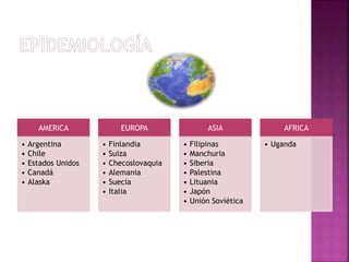 AMERICA
• Argentina
• Chile
• Estados Unidos
• Canadá
• Alaska
EUROPA
• Finlandia
• Suiza
• Checoslovaquia
• Alemania
• Suecia
• Italia
ASIA
• Filipinas
• Manchuria
• Siberia
• Palestina
• Lituania
• Japón
• Unión Soviética
AFRICA
• Uganda
 