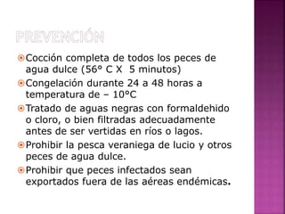 Cocción completa de todos los peces de
agua dulce (56° C X 5 minutos)
Congelación durante 24 a 48 horas a
temperatura de – 10°C
Tratado de aguas negras con formaldehido
o cloro, o bien filtradas adecuadamente
antes de ser vertidas en ríos o lagos.
Prohibir la pesca veraniega de lucio y otros
peces de agua dulce.
Prohibir que peces infectados sean
exportados fuera de las aéreas endémicas.
 
