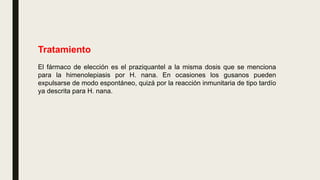 Tratamiento
El fármaco de elección es el praziquantel a la misma dosis que se menciona
para la himenolepiasis por H. nana. En ocasiones los gusanos pueden
expulsarse de modo espontáneo, quizá por la reacción inmunitaria de tipo tardío
ya descrita para H. nana.
 