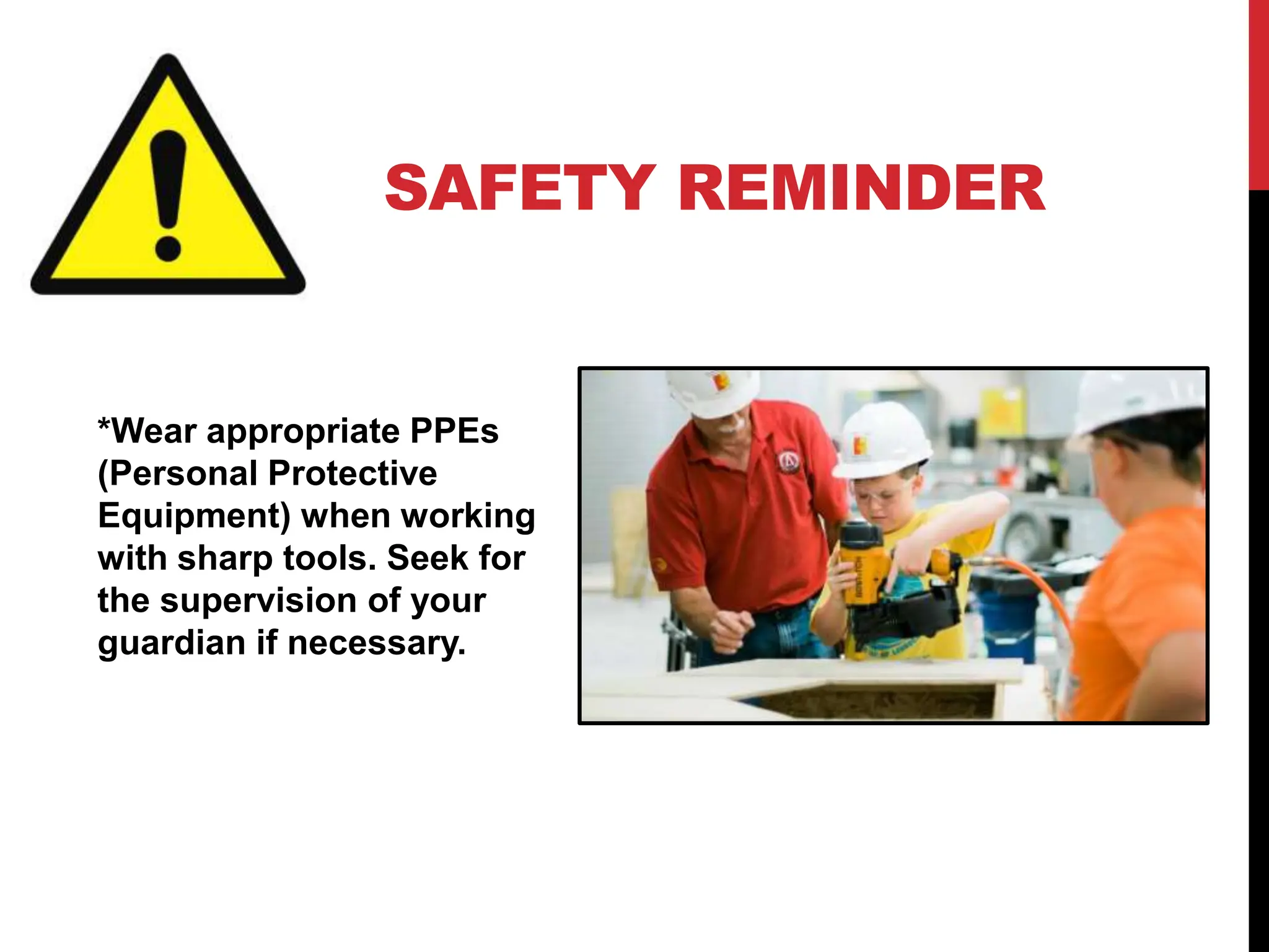 SAFETY REMINDER
*Wear appropriate PPEs
(Personal Protective
Equipment) when working
with sharp tools. Seek for
the supervision of your
guardian if necessary.
 
