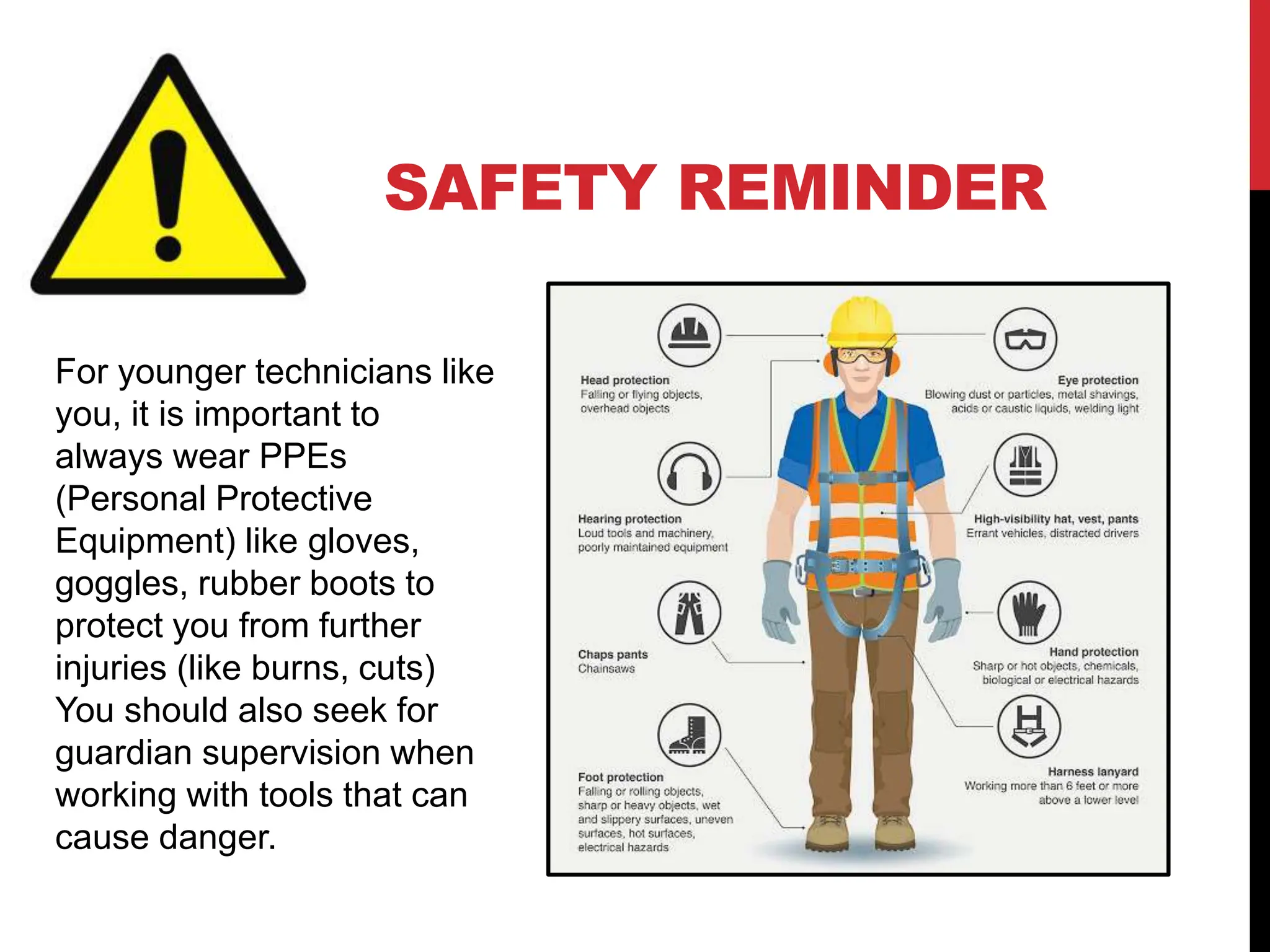 SAFETY REMINDER
For younger technicians like
you, it is important to
always wear PPEs
(Personal Protective
Equipment) like gloves,
goggles, rubber boots to
protect you from further
injuries (like burns, cuts)
You should also seek for
guardian supervision when
working with tools that can
cause danger.
 