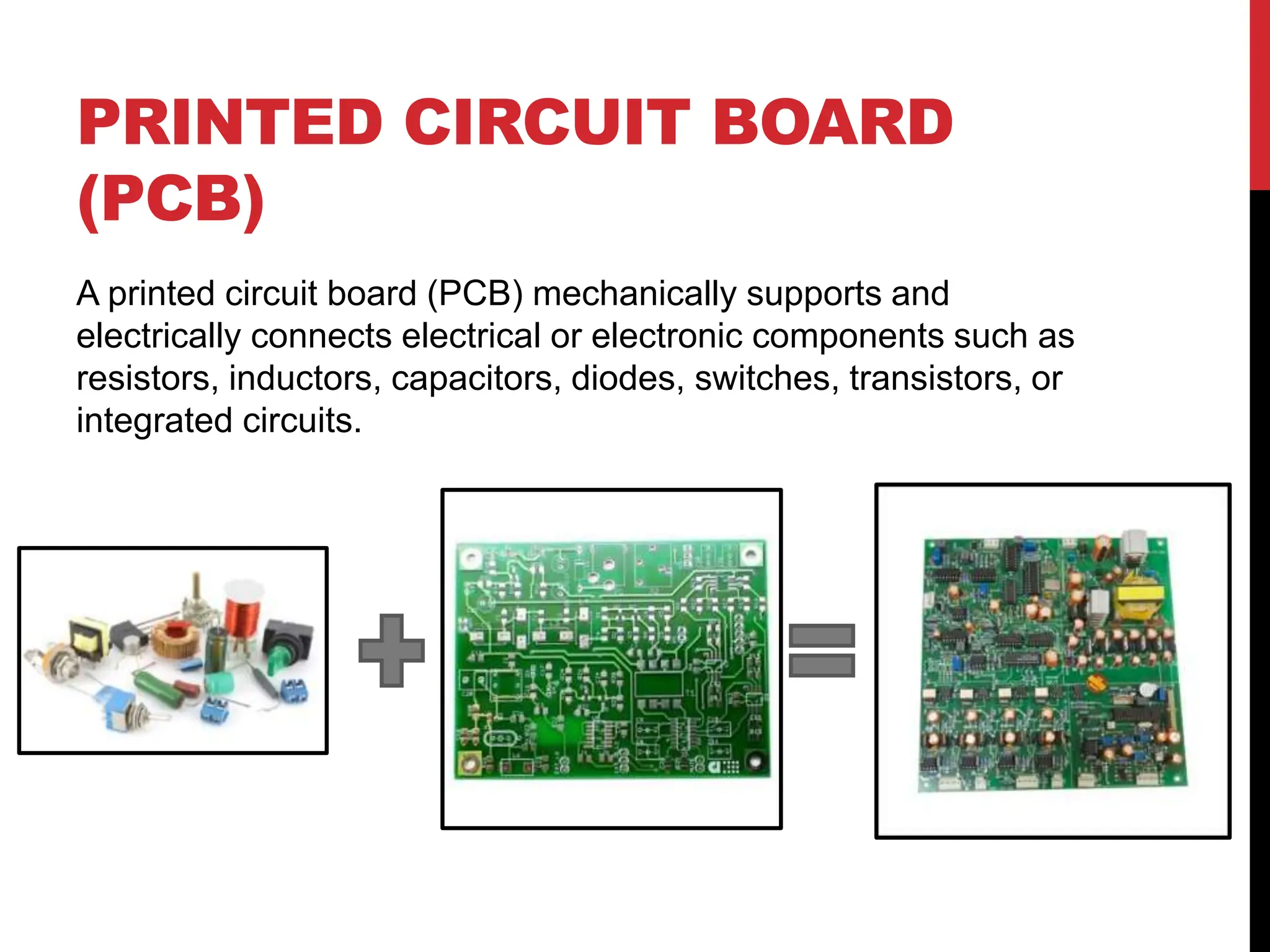 PRINTED CIRCUIT BOARD
(PCB)
A printed circuit board (PCB) mechanically supports and
electrically connects electrical or electronic components such as
resistors, inductors, capacitors, diodes, switches, transistors, or
integrated circuits.
 