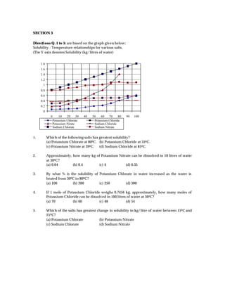 SECTION 3

Directions Q. 1 to 5: are based on the graph given below:
Solubility - Temperature relationships for various salts.
(The Y-axis denotes Solubility (kg/litres of water)


     1.8
     1.6
     1.4
     1.2
      1
     0.8
     0.6
     0.4
     0.2
      0
             0       10    20     30   40   50    60   70     80   90   100
                 Potassium Chlorate          Potassium Chloride
                 Potassium Nirate            Sodium Chloride
                 Sodium Chlorate             Sodium Nitrate


1.         Which of the following salts has greatest solubility?
           (a) Potassium Chlorate at 800 C. (b) Potassium Chloride at 350 C.
           (c) Potassium Nitrate at 390 C. (d) Sodium Chloride at 850 C.

2.         Approximately, how many kg of Potassium Nitrate can be dissolved in 10 litres of water
           at 300 C?
           (a) 0.04       (b) 0.4      (c) 4           (d) 0.35

3.         By what % is the solubility of Potassium Chlorate in water increased as the water is
           heated from 300 C to 800 C?
           (a) 100         (b) 200        (c) 250       (d) 300

4.         If 1 mole of Potassium Chloride weighs 0.7456 kg, approximately, how many moles of
           Potassium Chloride can be dissolved in 100 litres of water at 360 C?
           (a) 70          (b) 60         (c) 48            (d) 54

5.         Which of the salts has greatest change in solubility in kg/litre of water between 150 C and
           25 0 C?
           (a) Potassium Chlorate           (b) Potassium Nitrate
           (c) Sodium Chlorate              (d) Sodium Nitrate
 