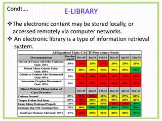 E-LIBRARYCondt….
The electronic content may be stored locally, or
accessed remotely via computer networks.
 An electronic library is a type of information retrieval
system.
 