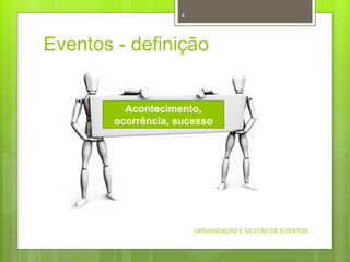 Eventos - definição
ORGANIZAÇÃO E GESTÃO DE EVENTOS
4
Acontecimento,
ocorrência, sucesso
 