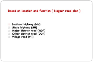 Based on location and function ( Nagpur road plan )
⚫ National highway (NH)
⚫ State highway (SH)
⚫ Major district road (MDR)
⚫ Other district road (ODR)
⚫ Village road (VR)
 