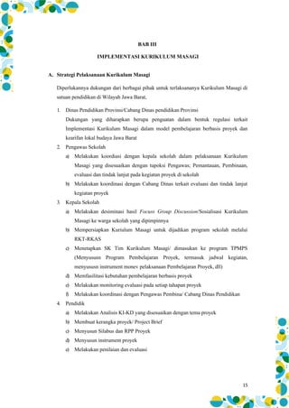 15
BAB III
IMPLEMENTASI KURIKULUM MASAGI
A. Strategi Pelaksanaan Kurikulum Masagi
Diperlukannya dukungan dari berbagai pihak untuk terlaksananya Kurikulum Masagi di
satuan pendidikan di Wilayah Jawa Barat,
1. Dinas Pendidikan Provinsi/Cabang Dinas pendidikan Provinsi
Dukungan yang diharapkan berupa penguatan dalam bentuk regulasi terkait
Implementasi Kurikulum Masagi dalam model pembelajaran berbasis proyek dan
kearifan lokal budaya Jawa Barat
2. Pengawas Sekolah
a) Melakukan koordiasi dengan kepala sekolah dalam pelaksanaan Kurikulum
Masagi yang disesuaikan dengan tupoksi Pengawas; Pemantauan, Pembinaan,
evaluasi dan tindak lanjut pada kegiatan proyek di sekolah
b) Melakukan koordinasi dengan Cabang Dinas terkait evaluasi dan tindak lanjut
kegiatan proyek
3. Kepala Sekolah
a) Melakukan desiminasi hasil Focuss Group Discussion/Sosialisasi Kurikulum
Masagi ke warga sekolah yang dipimpinnya
b) Mempersiapkan Kuriulum Masagi untuk dijadikan program sekolah melalui
RKT-RKAS
c) Menetapkan SK Tim Kurikulum Masagi/ dimasukan ke program TPMPS
(Menyususn Program Pembelajaran Proyek, termasuk jadwal kegiatan,
menyususn instrument monev pelaksanaan Pembelajaran Proyek, dll)
d) Memfasilitasi kebutuhan pembelajaran berbasis proyek
e) Melakukan monitoring evaluasi pada setiap tahapan proyek
f) Melakukan koordinasi dengan Pengawas Pembina/ Cabang Dinas Pendidikan
4. Pendidik
a) Melakukan Analisis KI-KD yang disesuaikan dengan tema proyek
b) Membuat kerangka proyek/ Project Brief
c) Menyusun Silabus dan RPP Proyek
d) Menyusun instrument proyek
e) Melakukan penilaian dan evaluasi
 