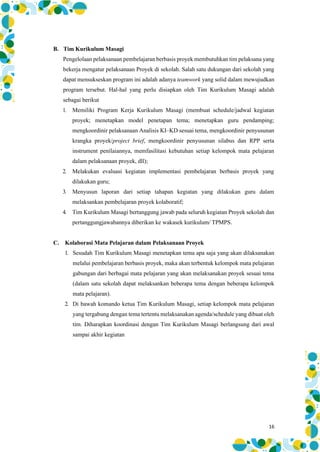 16
B. Tim Kurikulum Masagi
Pengelolaan pelaksanaan pembelajaran berbasis proyek membutuhkan tim pelaksana yang
bekerja mengatur pelaksanaan Proyek di sekolah. Salah satu dukungan dari sekolah yang
dapat mensukseskan program ini adalah adanya teamwork yang solid dalam mewujudkan
program tersebut. Hal-hal yang perlu disiapkan oleh Tim Kurikulum Masagi adalah
sebagai berikut
1. Memiliki Program Kerja Kurikulum Masagi (membuat schedule/jadwal kegiatan
proyek; menetapkan model penetapan tema; menetapkan guru pendamping;
mengkoordinir pelaksanaan Analisis KI–KD sesuai tema, mengkoordinir penyusunan
krangka proyek/project brief, mengkoordinir penyusunan silabus dan RPP serta
instrument penilaiannya, memfasilitasi kebutuhan setiap kelompok mata pelajaran
dalam pelaksanaan proyek, dll);
2. Melakukan evaluasi kegiatan implementasi pembelajaran berbasis proyek yang
dilakukan guru;
3. Menyusun laporan dari setiap tahapan kegiatan yang dilakukan guru dalam
melaksankan pembelajaran proyek kolaboratif;
4. Tim Kurikulum Masagi bertanggung jawab pada seluruh kegiatan Proyek sekolah dan
pertanggungjawabannya diberikan ke wakasek kurikulum/ TPMPS.
C. Kolaborasi Mata Pelajaran dalam Pelaksanaan Proyek
1. Sesudah Tim Kurikulum Masagi menetapkan tema apa saja yang akan dilaksanakan
melalui pembelajaran berbasis proyek, maka akan terbentuk kelompok mata pelajaran
gabungan dari berbagai mata pelajaran yang akan melaksanakan proyek sesuai tema
(dalam satu sekolah dapat melaksankan beberapa tema dengan beberapa kelompok
mata pelajaran).
2. Di bawah komando ketua Tim Kurikulum Masagi, setiap kelompok mata pelajaran
yang tergabung dengan tema tertentu melaksanakan agenda/schedule yang dibuat oleh
tim. Diharapkan koordinasi dengan Tim Kurikulum Masagi berlangsung dari awal
sampai akhir kegiatan
 