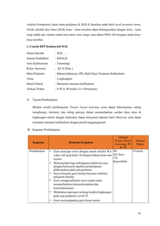 41
Analisis kompetensi dasar mata pelajaran di SLB di dasarkan pada hasil need asesment siswa.
Untuk sekolah luar biasa (SLB) tema - tema tersebut dapat diintegrasikan dengan tema - tema
yang sudah ada, namun untuk tuna netra, tuna rungu, tuna daksa SMA LB mengacu pada tema-
tema tersebut.
1. Contoh RPP Kolaboratif SLB
Nama Sekolah : SLB ….
Satuan Pendidikan : SMALB
Jenis Kekhususan : Tunarungu
Kelas/ Semester : XI/ II (Dua )
Mata Pelajaran : Bahasa Indonesia, IPS, Budi Daya Tanaman Holtikultura
Tema : Lingkungam
Materi Pokok : Menanam tanaman holtikultura
Alokasi Waktu : 8 JP @ 40 menit ( 4 x Pertemuan)
A. Tujuan Pembelajaran
Melalui model pembelajaran Project based learning siswa dapat bekerjasama, saling
menghargai, toleransi, dan saling percaya dalam memanfaatkan sumber daya alam di
lingkungan sekitar dengan bijaksana, dapat menyusun laporan hasil observasi serta dapat
menanam tanaman holtikultura dengan penuh tanggungjawab.
B. Kegiatan Pembelajaran
Kegiatan Deskripsi Kegiatan
Tahapan
Project Based
Learning, 4N
& 7K
Alokasi
Waktu
Pendahuluan • Guru menyapa siswa dengan ramah melalui WA
video call grup kelas XI dengan bahasa lisan dan
isyarat
• Menyanyikan lagu kebangsaan Indonesia raya
dengan berisyarat (apabila pembelajaran
dilaksanakan pada jam pertama)
• Siswa bersama guru berdoa bersama sebelum
pelajaran dimulai
• Guru mengkondisikan siswa untuk selalu
memperhatikan keterarahwajahan dan
keterarahsuaraan
• Melakukan apersepsi tentang kondisi lingkungan
pada saat pandemic covid-19
• Guru menyampaikan garis besar materi
4N
Niti Surti
7 K
Kepositifan
10 menit
 