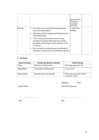 44
Menguji Hasil
(Presentasi
Kegiatan)
Niti bukti
Penutup • Guru dan siswa menyimpulkan pembelajaran
yang telah dilaksanakan
• Melakukan refleksi kegiatan pembelajaran yang
telah dilaksanakan
• Guru menyampaikan pesan moral tentang
pentingnya menjaga lingkungan dan menjaga
kesehatan terkait dengan situasi pandemi covid-
19 saat ini
• Guru menginformasikan kegiatan pembelajaran
selanjutnya sebelum proses pembelajaranditutup
Evaluasi dan
Refleksi
C. Penilaian
Aspek Penilaian Teknik dan Bentuk Penilaian Media Daring
Sikap Observasi/ Penilaian diri WhatsApp grup kelas XI
Pengetahuan Test tertulis/ Pilihan ganda Google form
Keterampilan Penilaian proses dan produk WhatsApp grup kelas XI dan
zoom meet cloud
Kepala SLB…..
………………………..
NIP:
Bandung, 2020
Guru Mata Pelajaran
……………………………
NIP:
 