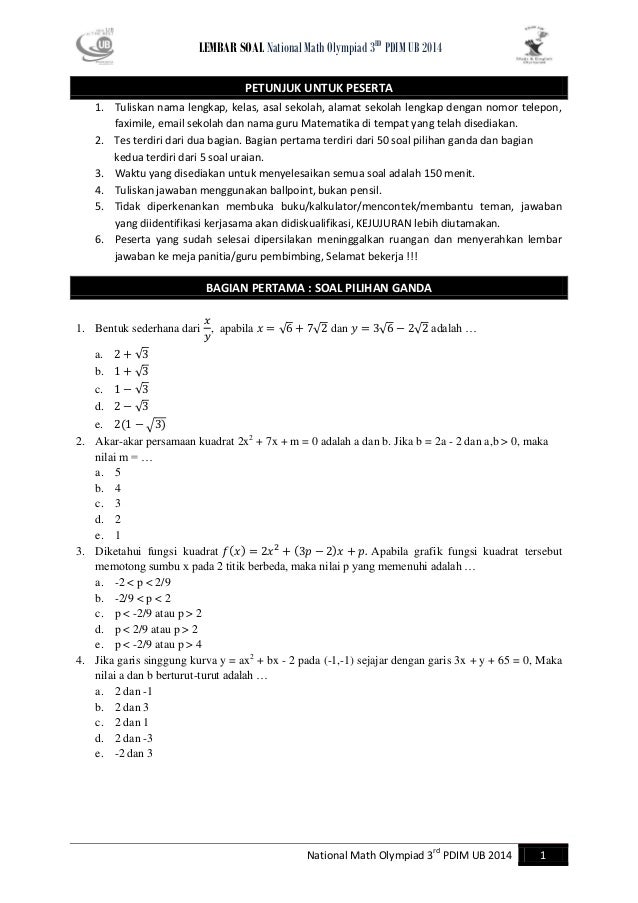 Soal Olimpiade Matematika Sma Tingkat Nasional Pdim Ub 2014