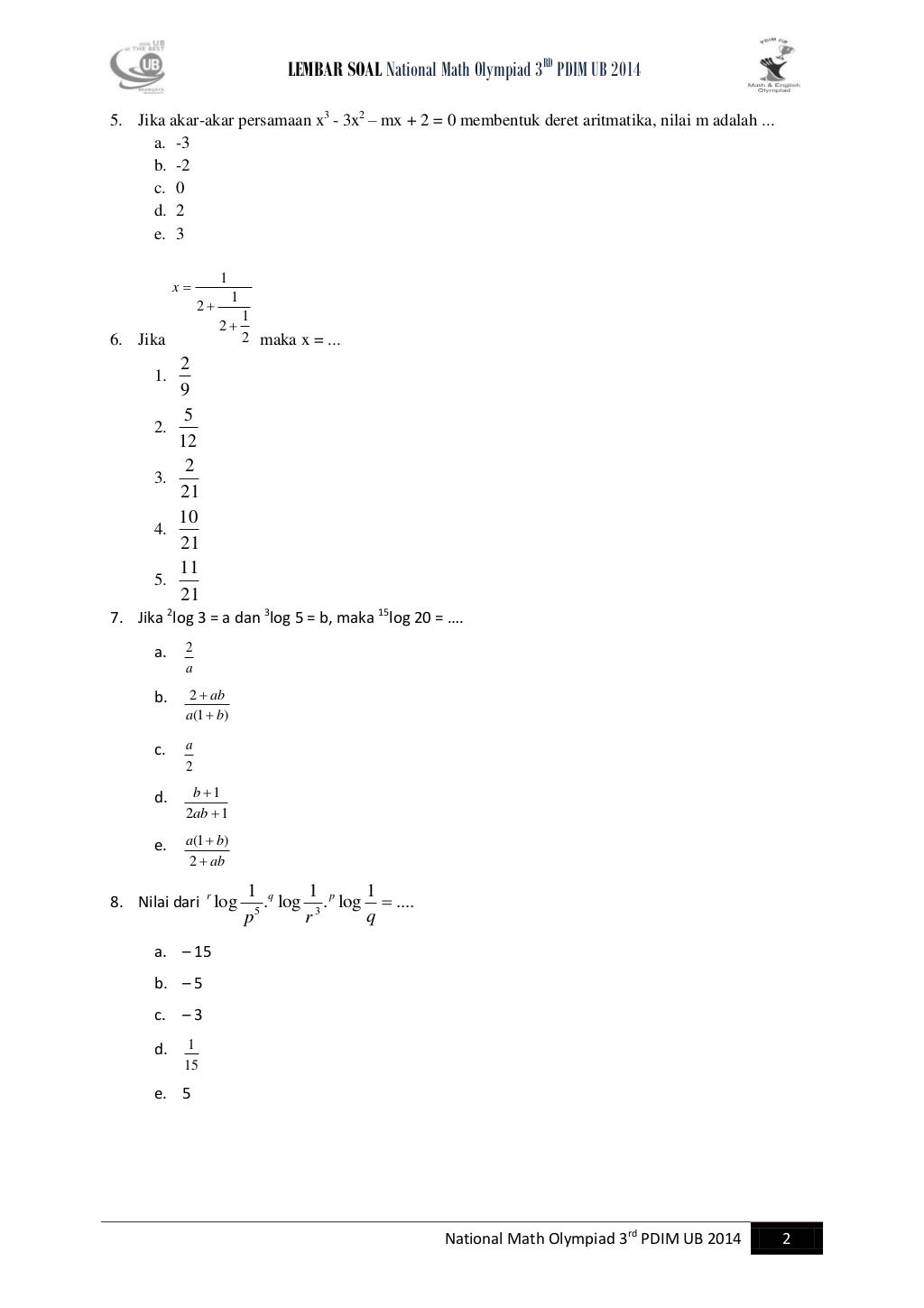 soal Olimpiade Matematika SMA Tingkat Nasional PDIM UB 2014