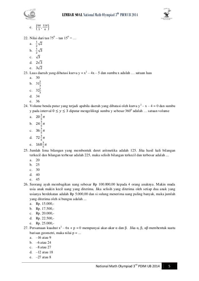 Soal Olimpiade Matematika Sma Tingkat Nasional Pdim Ub 2014