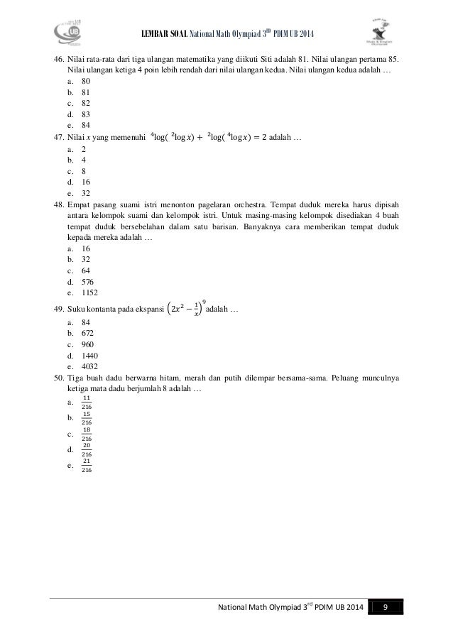 Soal Olimpiade Matematika Sma Tingkat Nasional Pdim Ub 2014