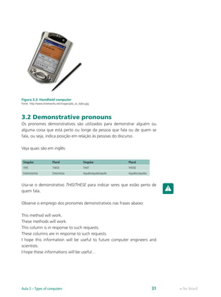 Figura 3.3: Handheld computer
Fonte: http://www.stinetworks.net/images/pda_w_stylus.jpg
3.2 Demonstrative pronouns
Os pronomes demonstrativos são utilizados para demonstrar alguém ou
alguma coisa que está perto ou longe da pessoa que fala ou de quem se
fala, ou seja, indica posição em relação às pessoas do discurso.
Veja quais são em inglês:
Singular Plural Singular Plural
THIS THESE THAT THOSE
Este/esta/isto Estes/estas Aquele/aquela/aquilo Aqueles/aquelas
Usa-se o demonstrativo THIS/THESE para indicar seres que estão perto de
quem fala.
Observe o emprego dos pronomes demonstrativos nas frases abaixo:
This method will work.
These methods will work.
This column is in response to such requests.
These columns are in response to such requests.
I hope this information will be useful to future computer engineers and
scientists.
I hope these informations will be useful…
e-Tec BrasilAula 3 – Types of computers 31
 
