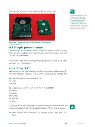 The hard disk drive is normally located inside the system unit.
Figura 4.8: Comparação entre HD de desktop e de notebook
Fonte:Acervo da autora
4.2 Simple present tense
The grammatical structure of the verbs in English is easier than in Portuguese.
There are only two basic forms for the simple present tense, one ends with
“s” and the other doesn’t.
Only in the THIRD PERSON (SINGULAR) subjects (he, she and it) we add a
verb with “S”. The rules are:
4.2.1 “S” or “ES”?
With most verbs, the third person singular form is created simply by adding “S”.
However, with some verbs, you need to add “ES” or change the ending a little:
a)	 most of the verbs, we add only the “s”:
He sings
She hugs
b)	 verbs finished with “s”, “z”, “sh”, “ch”, “o”add “ES”:
He passes
She dozes
She wishes
He watches
He goes
A conjugação dos verbos em inglês no presente apresenta variação apenas nas
terceiras pessoas (HE, SHE, IT) nas quais se coloca o “S” no final da palavra.
c)	 verbs finished with consonant + y change Y to I, then add “ES”:
It flies
Para conhecer exemplos diários
utilizando verbos, assista ao
vídeo disponível no endereço
http://www.youtube.com/
watch?v=yWccPqg1DbI
É bem divertido. Depois de ter
assistido ao vídeo, tente escrever
as frases que tiver entendido e
deposite no fórum do AVEA
e-Tec BrasilAula 4 - Parts of computers 41
 