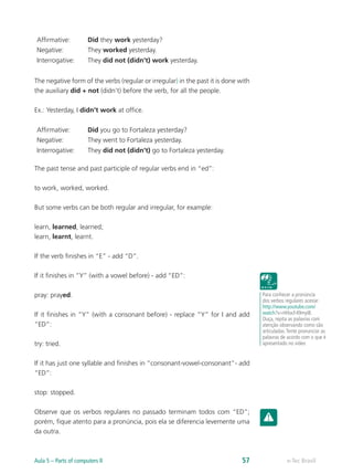 Affirmative: Did they work yesterday?
Negative: They worked yesterday.
Interrogative: They did not (didn’t) work yesterday.
The negative form of the verbs (regular or irregular) in the past it is done with
the auxiliary did + not (didn’t) before the verb, for all the people.
Ex.: Yesterday, I didn’t work at office.
Affirmative: Did you go to Fortaleza yesterday?
Negative: They went to Fortaleza yesterday.
Interrogative: They did not (didn’t) go to Fortaleza yesterday.
The past tense and past participle of regular verbs end in “ed”:
to work, worked, worked.
But some verbs can be both regular and irregular, for example:
learn, learned, learned;
learn, learnt, learnt.
If the verb finishes in “E” - add “D”.
If it finishes in “Y” (with a vowel before) - add “ED”:
pray: prayed.
If it finishes in “Y” (with a consonant before) - replace “Y” for I and add
“ED”:
try: tried.
If it has just one syllable and finishes in “consonant-vowel-consonant”- add
“ED”:
stop: stopped.
Observe que os verbos regulares no passado terminam todos com “ED”;
porém, fique atento para a pronúncia, pois ela se diferencia levemente uma
da outra.
Para conhecer a pronúncia
dos verbos regulares acesse:
http://www.youtube.com/
watch?v=HHocF49myI8.
Ouça, repita as palavras com
atenção observando como são
articuladas.Tente pronunciar as
palavras de acordo com o que é
apresentado no vídeo
e-Tec BrasilAula 5 – Parts of computers II 57
 