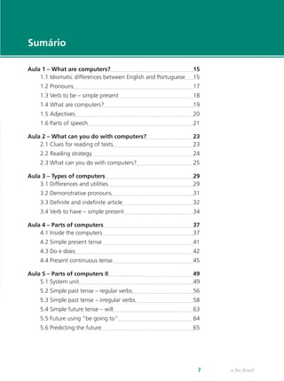 e-Tec Brasil7
Sumário
Aula 1 – What are computers?	 15
1.1 Idiomatic differences between English and Portuguese	 15
1.2 Pronouns	 17
1.3 Verb to be – simple present 	 18
1.4 What are computers?	 19
1.5 Adjectives	 20
1.6 Parts of speech	 21
Aula 2 – What can you do with computers?	 23
2.1 Clues for reading of texts	 23
2.2 Reading strategy	 24
2.3 What can you do with computers?	 25
Aula 3 – Types of computers	 29
3.1 Differences and utilities	 29
3.2 Demonstrative pronouns	 31
3.3 Definite and indefinite article	 32
3.4 Verb to have – simple present 	 34
Aula 4 – Parts of computers 	 37
4.1 Inside the computers	 37
4.2 Simple present tense 	 41
4.3 Do e does	 42
4.4 Present continuous tense	 45
Aula 5 – Parts of computers II	 49
5.1 System unit	 49
5.2 Simple past tense – regular verbs	 56
5.3 Simple past tense – irregular verbs	 58
5.4 Simple future tense – will	 63
5.5 Future using “be going to”	 64
5.6 Predicting the future	 65
 