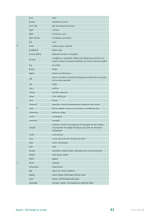 B
back atrás
backup assistência, reserva
band Type tipo de banda, tipo de faixa
begin começar
blank em branco, vazio
block transfer transferência em blocos
box caixa
break quebrar, pausa, intervalo
broadband banda larga
browse gallery galeria de pesquisa, navegação
browser
navegador ou paginador, utilitário de software que permite a um
usuário acessar e pesquisar facilmente um texto ou banco de dados
bug erro, falha
button botão
bypass desvio, rota alternativa
C
call
chamar, transferir o controle do programa principal para um progra-
ma ou rotina separada
cell célula
check verificar
choose escolher, selecionar
cipher cifra, codificação
clear limpar
clipboard prancheta, área de armazenamento temporário para dados
close fechar, impedir o acesso a um arquivo ou unidade de disco
code editor editor de código
combo combinação
command comando
compile
compilar, converter um programa de linguagem de alto nível em
um programa em código de máquina que pode ser executado
diretamente
create criar, produzir
cross cruzar, que ocorre de um lado para outro
D
data dados, informações
date data
decode decodificar, traduzir dados codificados para sua forma original
default valor básico, padrão
delete apagar
denial negação
deny access negar acesso
dial discar um número telefônico
display exibir, mostrar informação, monitor, vídeo
down inativo, sem funcionar, para baixo
download carregar, “baixar” um programa ou seção de dados
e-Tec BrasilAula 8 – The history of e-mail 83
 