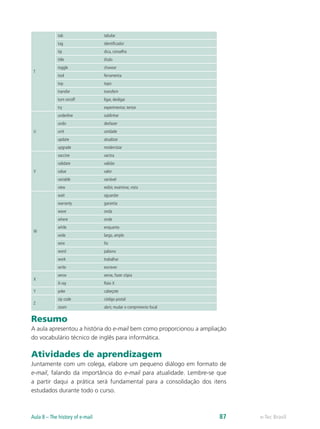 T
tab tabular
tag identificador
tip dica, conselho
title título
toggle chavear
tool ferramenta
top topo
transfer transferir
turn on/off ligar, desligar
try experimentar, tentar
U
underline sublinhar
undo desfazer
unit unidade
update atualizar
upgrade modernizar
V
vaccine vacina
validate validar
value valor
variable variável
view exibir, examinar, vista
W
wait aguardar
warranty garantia
wave onda
where onde
while enquanto
wide largo, amplo
wire fio
word palavra
work trabalhar
write escrever
X
xerox xerox, fazer cópia
X-ray Raio X
Y yoke cabeçote
Z
zip code código postal
zoom abrir, mudar o comprimento focal
Resumo
A aula apresentou a história do e-mail bem como proporcionou a ampliação
do vocabulário técnico de inglês para informática.
Atividades de aprendizagem
Juntamente com um colega, elabore um pequeno diálogo em formato de
e-mail, falando da importância do e-mail para atualidade. Lembre-se que
a partir daqui a prática será fundamental para a consolidação dos itens
estudados durante todo o curso.
e-Tec BrasilAula 8 – The history of e-mail 87
 