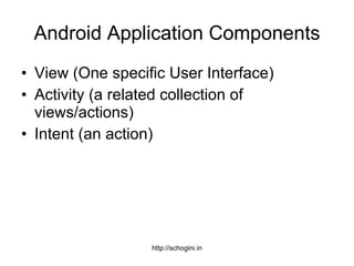 Android Application Components View (One specific User Interface) Activity (a related collection of views/actions) Intent (an action) 