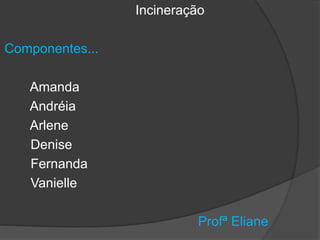 Incineração
Componentes...
Amanda
Andréia
Arlene
Denise
Fernanda
Vanielle
Profª Eliane
 