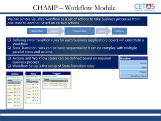 We can simple visualize workflow as a set of actions to take business processes from
one state to another based on certain actions.
Begin Step Action Process Step Action End Step
 Defining state transition rules for each business (application) object will constitute a
Workflow.
 State Transition rules can be basic sequential or it can be complex with multiple
parallel steps and actions.
 Actions and Workflow states can be defined based on required
business process
 Workflow Setup is the setup of State Transition rules
CHAMP – Workflow Module
 