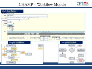 Workflow Setup
Simple Workflow Complex Parallel
CHAMP – Workflow Module
 