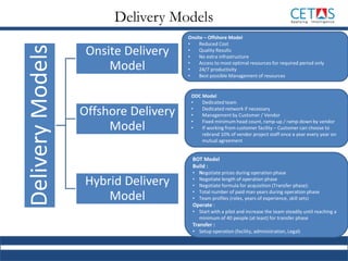 DeliveryModels Onsite Delivery
Model
Offshore Delivery
Model
Hybrid Delivery
Model
Onsite – Offshore Model
• Reduced Cost
• Quality Results
• No extra infrastructure
• Access to most optimal resources for required period only
• 24/7 productivity
• Best possible Management of resources
ODC Model
• Dedicated team
• Dedicated network if necessary
• Management by Customer / Vendor
• Fixed minimum head count, ramp-up / ramp-down by vendor
• If working from customer facility – Customer can choose to
rebrand 10% of vendor project staff once a year every year on
mutual agreement
BOT Model
Build :
• Negotiate prices during operation phase
• Negotiate length of operation phase
• Negotiate formula for acquisition (Transfer phase):
• Total number of paid man years during operation phase
• Team profiles (roles, years of experience, skill sets)
Operate :
• Start with a pilot and increase the team steadily until reaching a
minimum of 40 people (at least) for transfer phase
Transfer :
• Setup operation (facility, administration, Legal)
Delivery Models
 