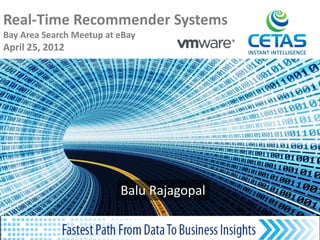 Real-Time Recommender Systems
Bay Area Search Meetup at eBay
April 25, 2012




                          Balu Rajagopal
 