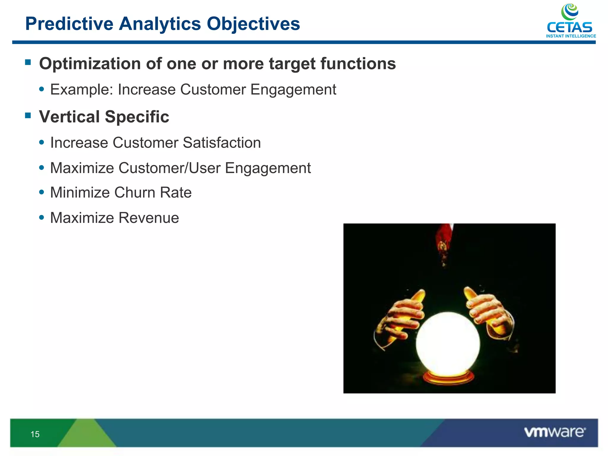 Predictive Analytics Objectives                    INSTANT INTELLIGENCE




§  Optimization of one or more target functions
  •  Example: Increase Customer Engagement
§  Vertical Specific
  •  Increase Customer Satisfaction
  •  Maximize Customer/User Engagement
  •  Minimize Churn Rate
  •  Maximize Revenue




15
 