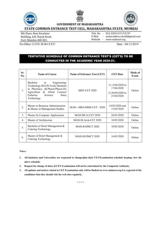 No.Other-1219/C.R.061/CET/ Date - 04/12/2019
TENTATIVE SCHEDULE OF COMMON ENTRANCE TEST'S (CET'S) TO BE
CONDUCTED IN THE ACADEMIC YEAR 2020-21.
Sr.
No.
Name of Course Name of Entrance Test (CET) CET Date
Mode of
Exam
1.
Bachelor in Engineering/
Technology (B.E/B.Tech)/ Bachelor
in Pharmacy (B.Pharm/Pharm.D),
Agriculture & Allied Courses/
Fisheries Science/ Dairy
Technology
MHT-CET 2020
1) 13/04/2020 to
17/04/2020
2) 20/04/2020 to
23/04/2020
Online
2.
Master in Business Administration
& Master in Management Studies
MAH - MBA/MMS CET - 2020
14/03/2020 and
15/03/2020
Online
3. Master In Computer Applications MAH-MCA-CET 2020 28/03/2020 Online
4. Master of Architecture MAH-M.Arch-CET 2020 10/05/2020 Online
5.
Bachelor of Hotel Management &
Catering Technology
MAH-B.HMCT 2020 10/05/2020 Online
6.
Master of Hotel Management &
Catering Technology
MAH-M.HMCT 2020 16/05/2020 Online
Notes :
1. All Institutes and Universities are requested to change/plan their CET/Examination schedule keeping view the
above schedule.
2. Request for change of dates of CET Examination will not be entertained by the Competent Authority.
3. All updates and notices related to CET Examination only will be flashed on www.mahacet.org it is expected of the
candidates that they should visit the web sites regularly.
:: :: :: ::
 