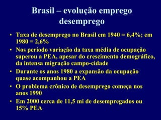 Brasil – evolução emprego
               desemprego
• Taxa de desemprego no Brasil em 1940 = 6,4%; em
  1980 = 2,6%
• Nos período variação da taxa média de ocupação
  superou a PEA, apesar do crescimento demográfico,
  da intensa migração campo-cidade
• Durante os anos 1980 a expansão da ocupação
  quase acompanhou a PEA
• O problema crônico de desemprego começa nos
  anos 1990
• Em 2000 cerca de 11,5 mi de desempregados ou
  15% PEA
 