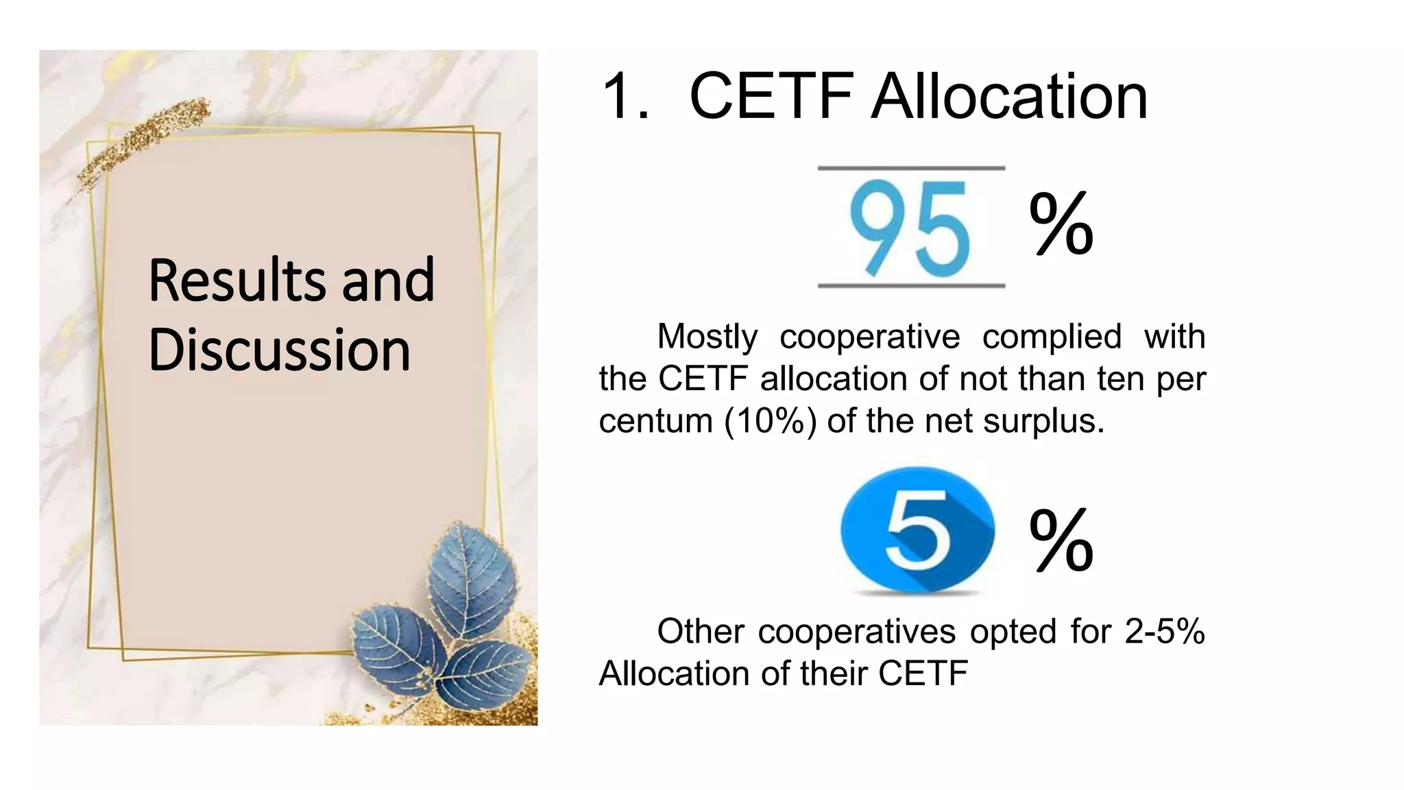 Results and
Discussion Mostly cooperative complied with
the CETF allocation of not than ten per
centum (10%) of the net surplus.
Other cooperatives opted for 2-5%
Allocation of their CETF
%
%
1. CETF Allocation
 