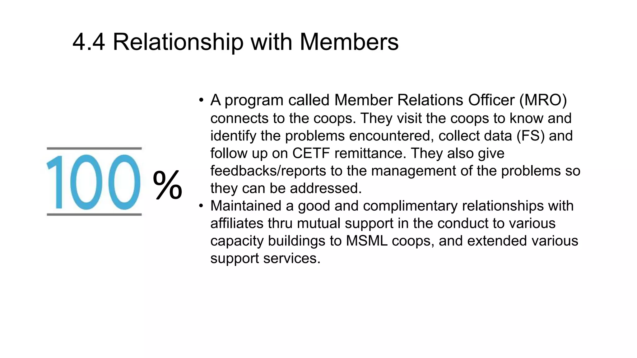 4.4 Relationship with Members
• A program called Member Relations Officer (MRO)
connects to the coops. They visit the coops to know and
identify the problems encountered, collect data (FS) and
follow up on CETF remittance. They also give
feedbacks/reports to the management of the problems so
they can be addressed.
• Maintained a good and complimentary relationships with
affiliates thru mutual support in the conduct to various
capacity buildings to MSML coops, and extended various
support services.
%
 