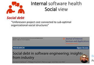 Internal software health
Social view
Reduce social debt
by removing community smells
• Organisational silo
High decoupling...