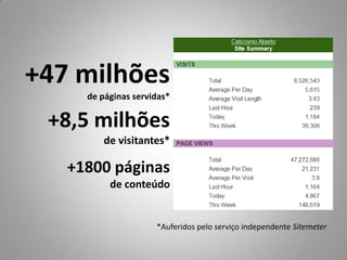 +47 milhões de páginas servidas*+8,5 milhõesde visitantes*+1800páginas de conteúdo*Auferidos pelo serviço independente Sitemeter