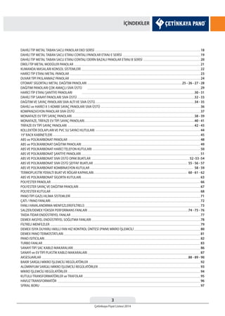 3
Çetinkaya Fiyat Listesi 2014
İÇİNDEKİLER
DAHİLİ TİP METAL TABAN SACLI PANOLAR EKO SERİSİ
DAHİLİ TİP METAL TABAN SACLI ETANJ CONTALI PANOLAR ETANJ E SERİSİ
DAHİLİ TİP METAL TABAN SACLI ETANJ CONTALI DERİN BAZALI PANOLAR ETANJ B SERİSİ
DİKİLİ TİP METAL MODÜLER PANOLAR
KUMANDA MASALARI KONSOL SİSTEMLERİ
HARİCİ TİP ETANJ METAL PANOLAR
DUVAR TİPİ PASLANMAZ PANOLAR
OTOMAT SİGORTALI METAL DAĞITIM PANOLARI
DAĞITIM PANOLARI ÇOK AMAÇLI SIVA ÜSTÜ
HARİCİ TİP ETANJ ŞANTİYE PANOLARI
DAHİLİ TİP SANAYİ PANOLARI SIVA ÜSTÜ
DAĞITIM VE SAYAÇ PANOLARI SIVA ALTI VE SIVA ÜSTÜ
DAHİLİ ve HARİCİ X 5 KOMBİ SAYAÇ PANOLARI SIVA ÜSTÜ
KOMPANZASYON PANOLAR SIVA ÜSTÜ
MONAFAZE EV TİPİ SAYAÇ PANOLARI
MONAFAZE, TRİFAZE EV TİPİ SAYAÇ PANOLARI
TRİFAZE EV TİPİ SAYAÇ PANOLARI
KOLLEKTÖR DOLAPLARI VE PVC SU SAYACI KUTULARI
19”RACK KABİNETLERİ
ABS ve POLİKARBONAT PANOLAR
ABS ve POLİKARBONAT DAĞITIM PANOLARI
ABS VE POLİKARBONAT HARİCİ TELEFON KUTULARI
ABS VE POLİKARBONAT ŞANTİYE PANOLARI
ABS VE POLİKARBONAT SIVA ÜSTÜ OPAK BUATLAR
ABS VE POLİKARBONAT SIVA ÜSTÜ ŞEFFAF BUATLAR
ABS VE POLİKARBONAT KOMBİNASYON KUTULAR
TERMOPLASTİK YERALTI BUAT VE RÖGAR KAPAKLARI
ABS VE POLİKARBONAT SİGORTA KUTULARI
POLYESTER PANOLAR
POLYESTER SAYAÇ VE DAĞITIM PANOLARI
POLYESTER KUTULAR
PANO TİPİ GAZLI KLİMA SİSTEMLERİ
ÇATI / PANO FANLARI
FANLI HAVALANDIRMA MENFEZLERİ(FİLTRELİ)
SALZER/DEMEX YÜKSEK PERFORMANS FANLARI
TAİDA-TİDAR ENDÜSTRİYEL FANLAR
DEMEX AKSİYEL ENDÜSTRİYEL SOĞUTMA FANLARI
FİLTRELİ MENFEZLER
DEMEX ISIYA DUYARLI AKILLI FAN HIZ KONTROL ÜNİTESİ (PWM) MİKRO İŞLEMCİLİ
DEMEX PANO TERMOSTATLARI
PANO ISITICILARI
TURBO FANLAR
SANAYİ TİPİ SAC KABLO MAKARALARI
SANAYİ ve EV TİPİ PLASTİK KABLO MAKARALARI
AKSESUARLAR
BAKIR SARGILI MİKRO İŞLEMCİLİ REGÜLATÖRLER
ALÜMİNYUM SARGILI MİKRO İŞLEMCİLİ REGÜLATÖRLER
MİKRO İŞLEMCİLİ REGÜLATÖRLER
KUTULU TRANSFORMATÖRLER ve TRAFOLAR
HAVUZ TRANSFORMATÖR
SPİRAL BORU
18
19
20
21
22
23
24
25 - 26 - 27 - 28
29
30 - 31
32 - 33
34 - 35
36
37
38 - 39
40 - 41
42 - 43
44
45
48
49
50
51
52 -53 -54
55 - 56 - 57
58 - 59
60 - 61 - 62
63
66
67
68
71
72
73
74 - 75 - 76
77
78
79
80
81
82
83
86
87
88 - 89 - 90
92
93
94
95
96
97
 