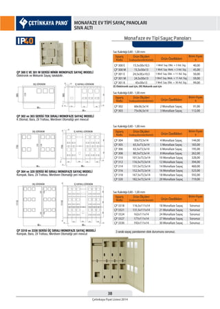 38
Çetinkaya Fiyat Listesi 2014
MONAFAZE EV TİPİ SAYAÇ PANOLARI
SIVA ALTI
Monafaze ev Tipi Sayaç Panoları
Sipariş
Kodu
Sipariş
Kodu
Sipariş
Kodu
Sipariş
Kodu
Ürün Özellikleri
Ürün Özellikleri
Ürün Özellikleri
Ürün Özellikleri
Birim Fiyatı
¨
Birim Fiyatı
¨
Birim Fiyatı
¨
Birim Fiyatı
¨
Ürün Ölçüleri
EnxBoyxDerinlik(WxHxD)
Ürün Ölçüleri
EnxBoyxDerinlik(WxHxD)
Ürün Ölçüleri
EnxBoyxDerinlik(WxHxD)
Ürün Ölçüleri
EnxBoyxDerinlik(WxHxD)
ÇP 300 E
ÇP 300 M
ÇP 301 E
ÇP 301 M
ÇP 301 K
ÇP 302
ÇP 303
ÇP 3318
ÇP 3321
ÇP 3324
ÇP 3327
ÇP 3330
ÇP 304
ÇP 305
ÇP 306
ÇP 308
ÇP 310
ÇP 312
ÇP 314
ÇP 316
ÇP 318
ÇP 320
1 Mnf. Say. Elkt. + 3 Ad. Sig.
1 Mnf. Say. Mek. + 3 Ad. Sig.
1 Mnf. Say. Elkt. + 11 Ad. Sig.
1 Mnf. Say. Mek. + 11 Ad. Sig.
1 Mnf. Say. Elkt. + 30 Ad. Sig.
2 Monafaze Sayaç
3 Monafaze Sayaç
18 Monafaze Sayaç
21 Monafaze Sayaç
24 Monafaze Sayaç
27 Monafaze Sayaç
30 Monafaze Sayaç
4 Monafaze Sayaç
5 Monafaze Sayaç
6 Monafaze Sayaç
8 Monafaze Sayaç
10 Monafaze Sayaç
12 Monafaze Sayaç
14 Monafaze Sayaç
16 Monafaze Sayaç
18 Monafaze Sayaç
20 Monafaze Sayaç
15,5x30x10,5
15,5x30x13
24,5x30,x10,5
24,5x30x13
45x30x13
60x36,5x14
75x36,5x14
116,5x111x14
131,5x111x14
162x111x14
177x111x14
192x111x14
50x73,5x14
65,5x73,5x14
65,5x73,5x14
80,5x73,5x14
101,5x73,5x14
116,5x73,5x14
131,5x73,5x14
152,5x73,5x14
167,5x73,5x14
182,5x73,5x14
40,00
45,00
50,00
59,00
99,00
91,00
112,00
Sorunuz
Sorunuz
Sorunuz
Sorunuz
Sorunuz
144,00
183,00
195,00
262,00
328,00
394,00
460,00
523,00
592,00
719,00
Sac Kalınlığı 0,80 - 1,00 mm
Sac Kalınlığı 0,80 - 1,00 mm
Sac Kalınlığı 0,80 - 1,00 mm
Sac Kalınlığı 0,80 - 1,00 mm
(E) Elektironik saat için, (M) Mekanik saat için
40IP
 